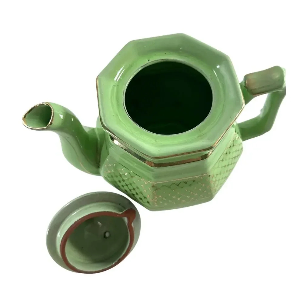 Vintage Art Deco Green Porcelain Teapot Gold Gilt Geometric Octagonal 7.5”
